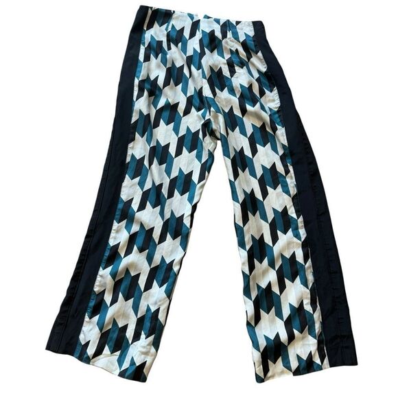 Sportmax Geometric Teal Black White Geometric Pattern Silk Wide Leg Trousers - Picture 7 of 10